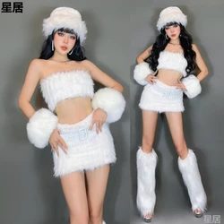 Women Group Stage Performance Costumes Nightclub White Furry Strapless Tops Skirt Festival Outfits Female Singer Dance Clothing