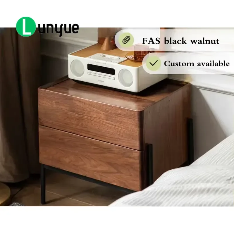 Solid Walnut 2 Drawer Nightstand Mid Century Modern Bedside Table with Metal Legs for Bedroom Living Room Storage Furniture