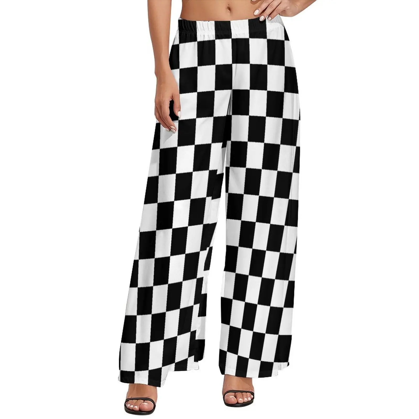 

Classic Check Print Pants Elastic High Waist Black And White Modern Trousers Street Wear Printed Wide Leg Pants