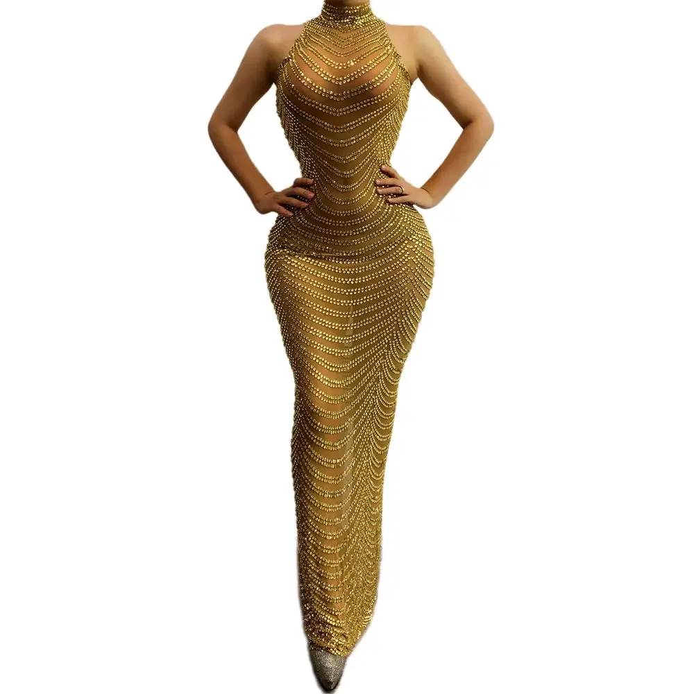 Błyszcząca Złota Sukienka Długa z Siateczki z Cyrkoniami, Przezroczysta, Damska, na Wesele, Wieczór, Bal, Urodziny, Sesję Zdjęciową