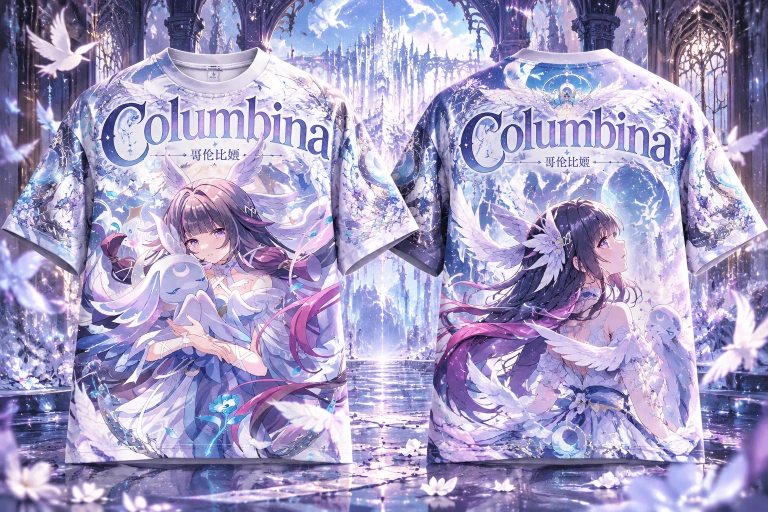2026 Columbina Genshin All Over Print Tee Unisex Dark Cathedral Moon White Dove Anime Short Sleeve T-shirt