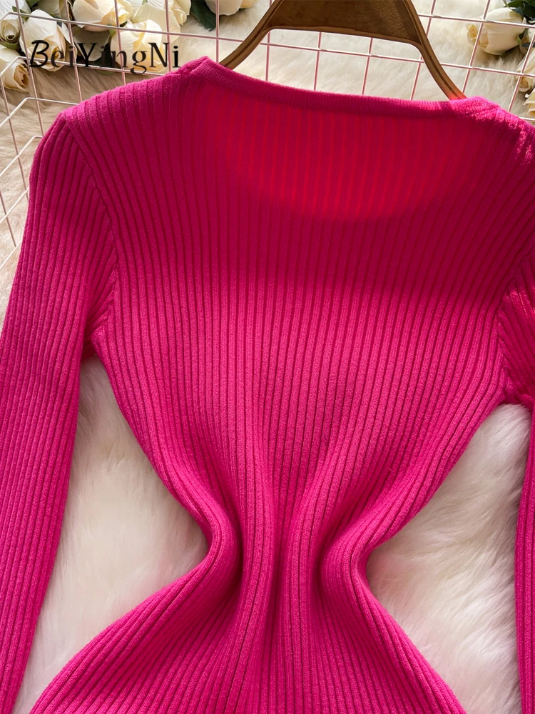 เดรสไหมพรมคอโอ แบรนด์ Beiyingni สำหรับผู้หญิง ทรงเข้ารูป แขนยาว สไตล์ลำลอง รุ่นมินิเดรส  คอลเลคชั่นฤดูใบไม้ร่วง-ฤดูหนาว ปี 2025  ชุดเดรสพื้นฐาน