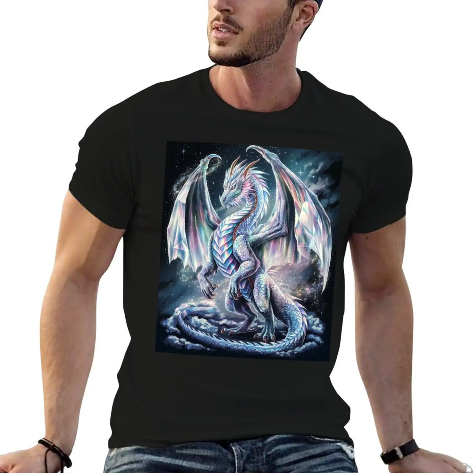 Iridescent Cosmic Dragon in Starry Galaxy T-Shirt vintage anime shirt topping funny t shirts men