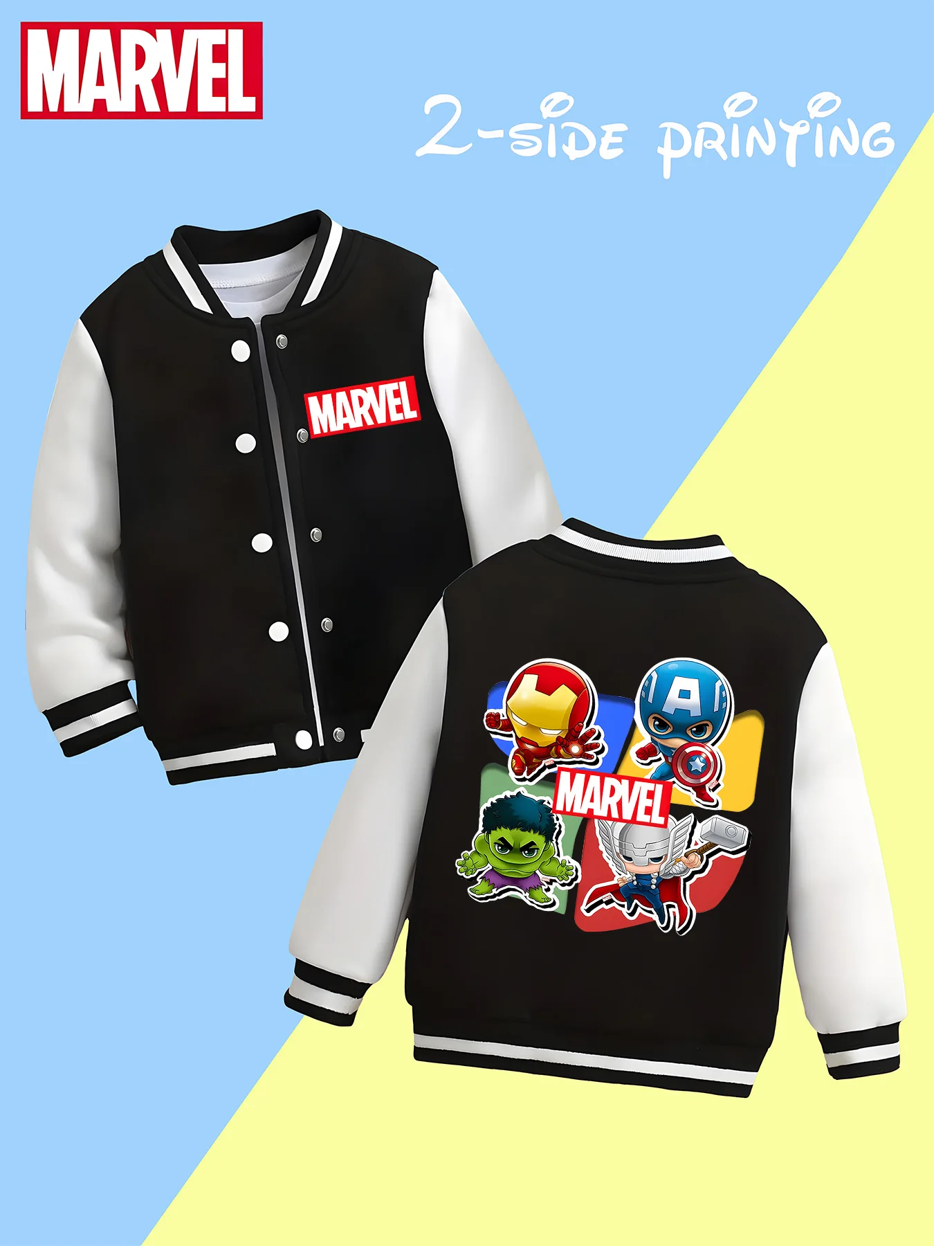 

MINISO Marvel Boys Baseball Jacket - Kids Jacket with Avengers Hero Print, Double-sided Pattern Design, Soft and Comfortable Fab