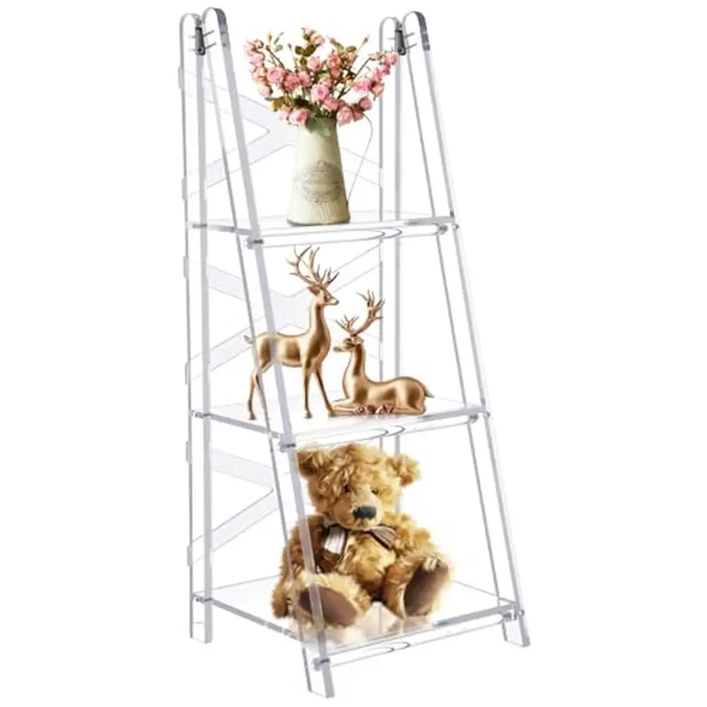 3 Tier Clear Acrylic Ladder Bookcase Shelf Multipurpose Organizer Display Living Room Bedroom Office Sturdy Durable Design