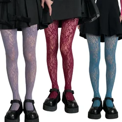 Y2k Mode Gothic Blume Aushöhlen Sexy Strumpfhosen Frauen Fishnet Wein Rot Ins Heiße Mädchen JK Strumpfhosen Hohe Elastische Hipster Leggings