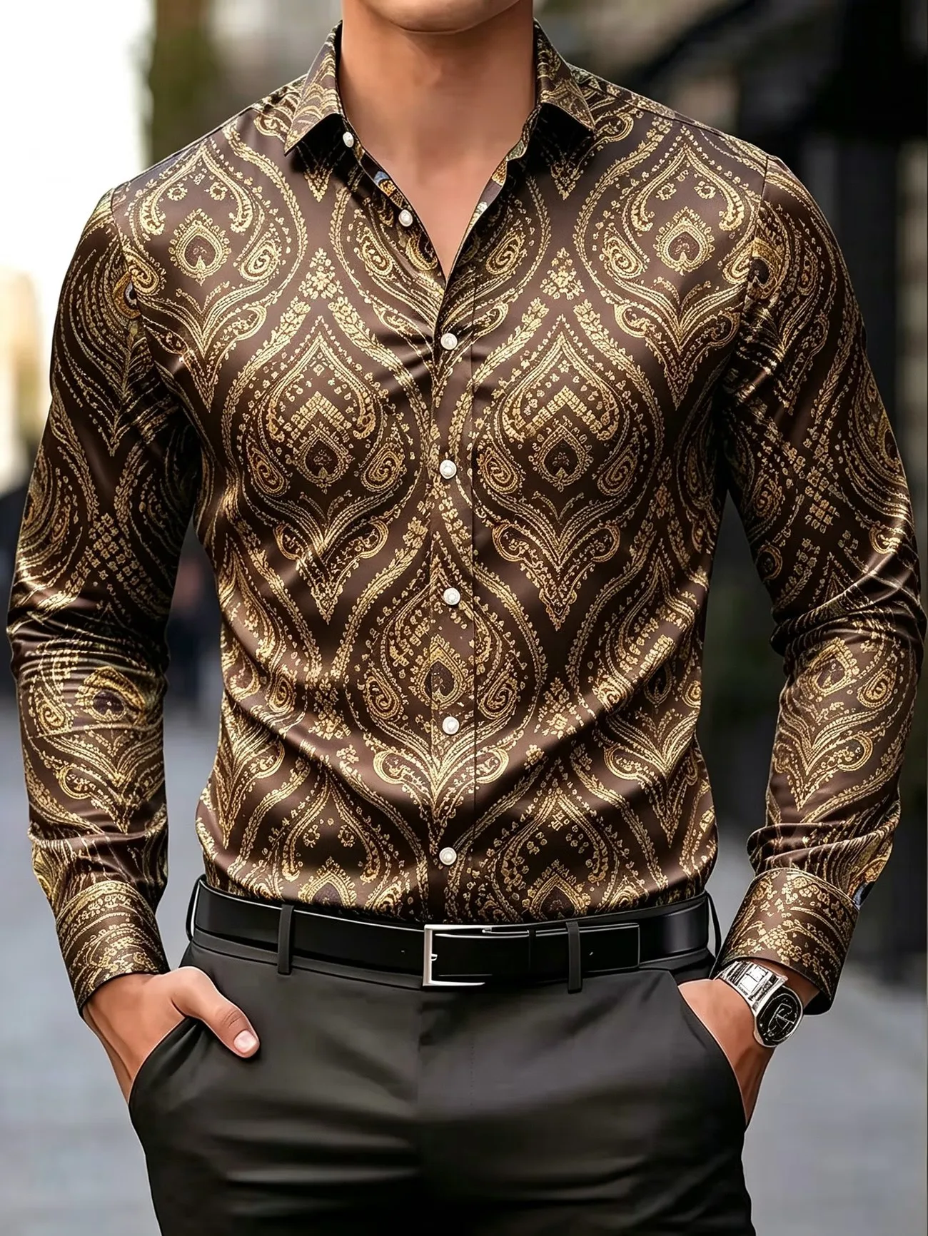 Men's Long Sleeved Shirt With Orange And White Vertical Stripes