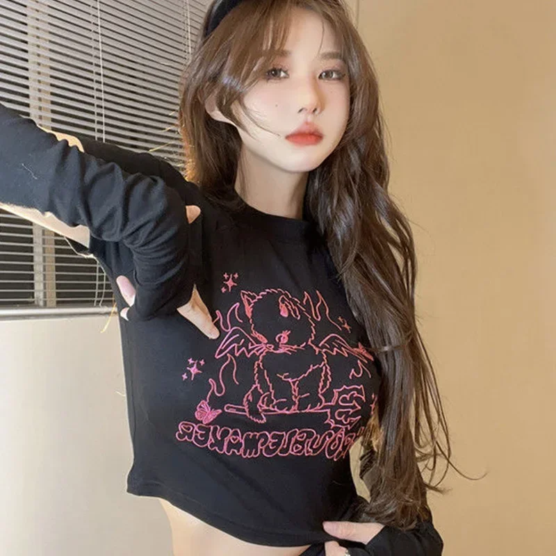 Camisetas con cuello redondo y letras estampadas a la moda coreana para mujer, camiseta ajustada a la moda, camiseta elástica Sexy de tendencia para mujer