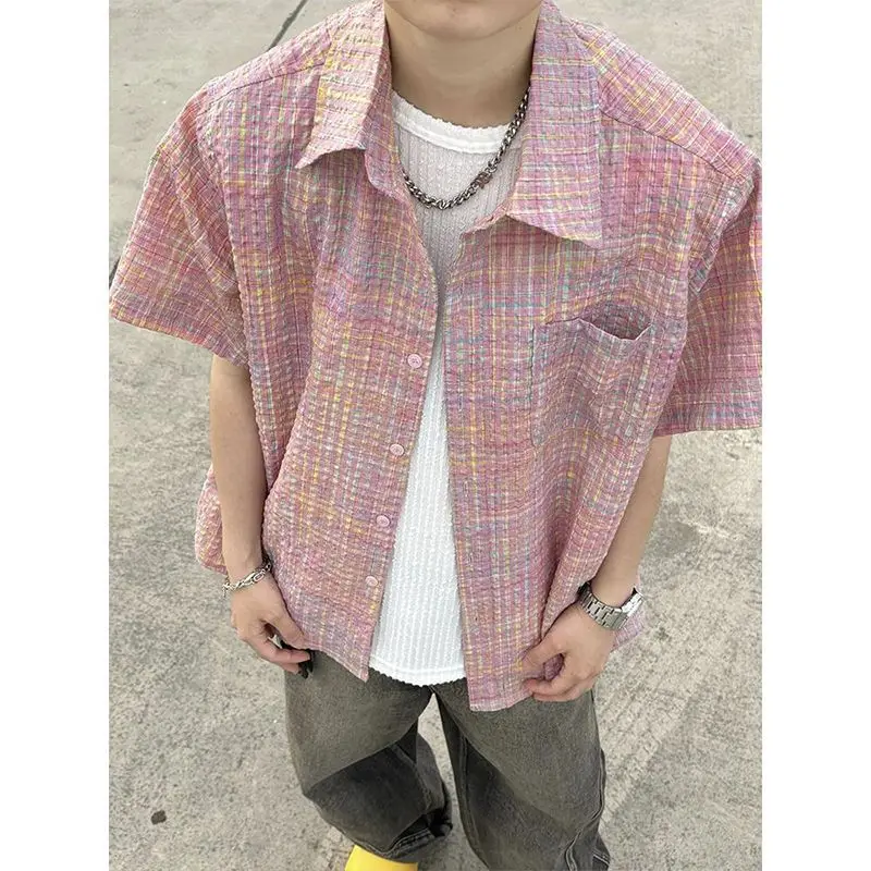 

Свободный крой Bubble irt Летняя модная клетчатая ort Sve Мужская irt Текстурированный свободный воротник f Sve Верхняя одежда High Street