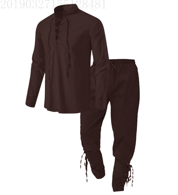 2 Stuks Retro Vintage Middeleeuwse Renaissance Cosplay Kostuum Outfits Piraat Viking Halloween Casual Dagelijks LARP Ren Faire Shirt Broek