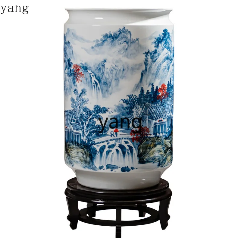 CX Ceramic Master Hand-Painted Blue and White Porcelain Painting and Calligraphy Cylinder Scroll Cylinder Study Floor