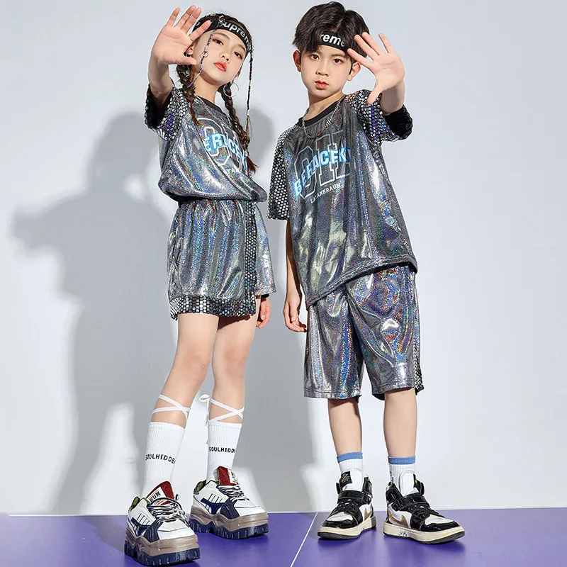 Boys Hip Hop T shirt Girl Jazz Shorts 2 Pcs Set Kids Sequin Shine Street Dance Cheerleading Stage Performance Uniform