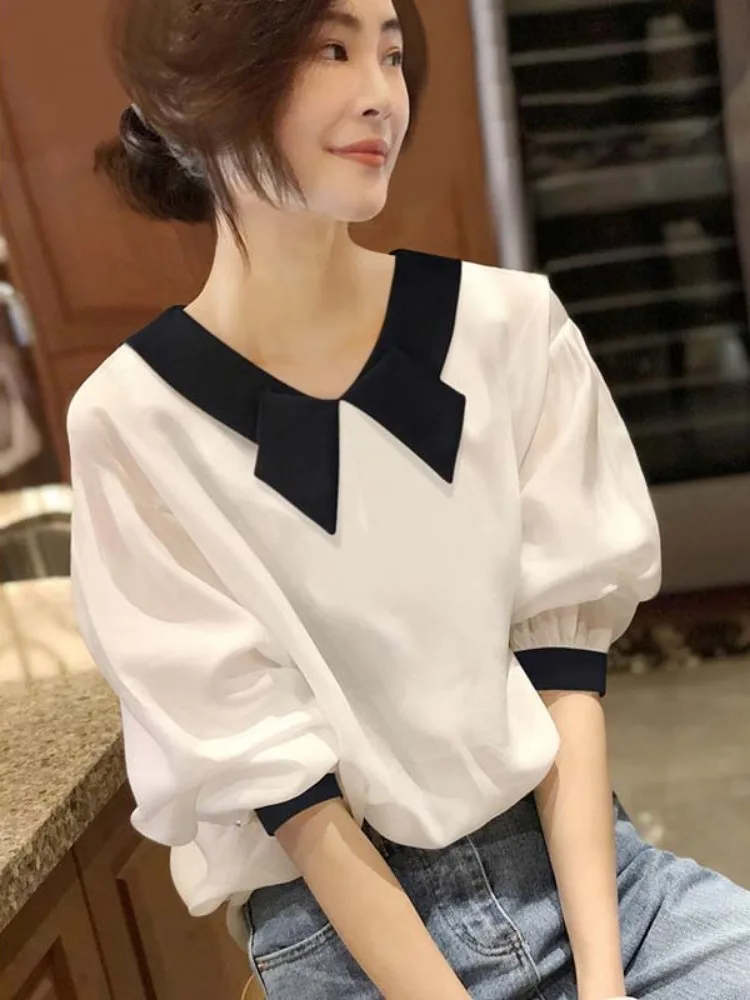 2024 Summer Blouse Women Clothes Short Sleeve Contrast Color All Match Temperament Shirts Blouses Vintage Tops Camisas De Mujer