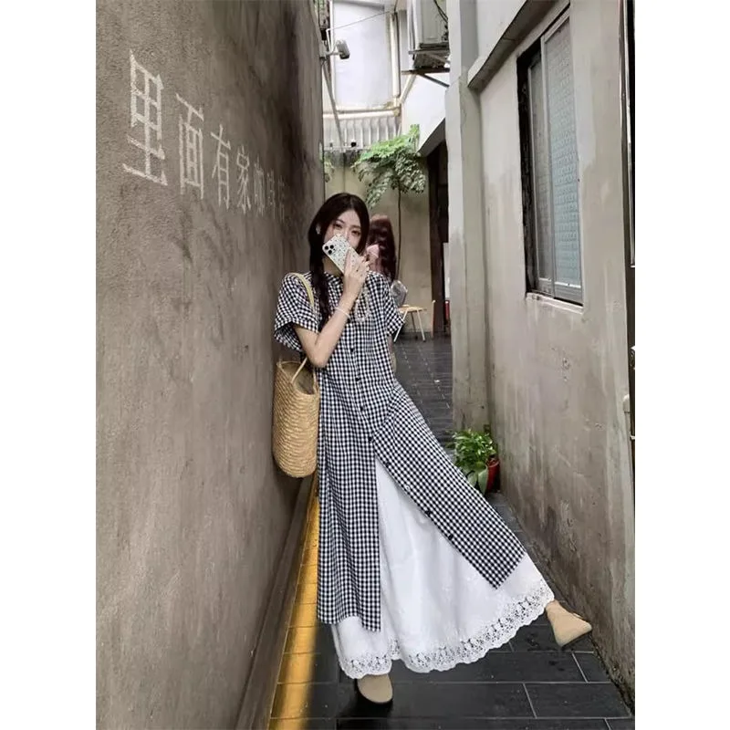 

Contrast Plaid Shirt Dress for Women's Summer New Loose and Artistic Style Mid Length Skirt Two-piece Set Female Clothing