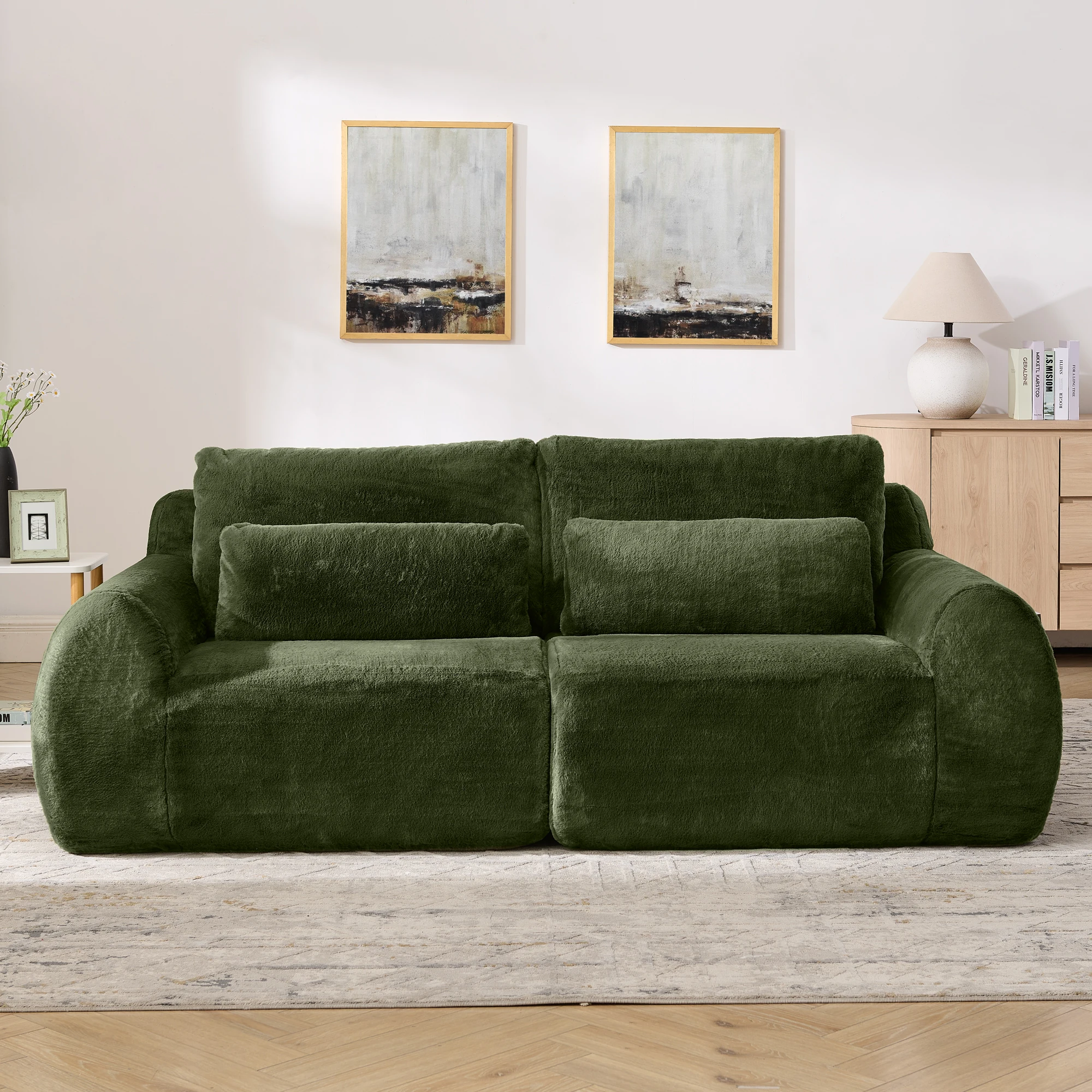 Sofá recto de 2 plazas: USB, bolsillo lateral, asiento convertible, para pequeño salón/habitación, color verde espuma