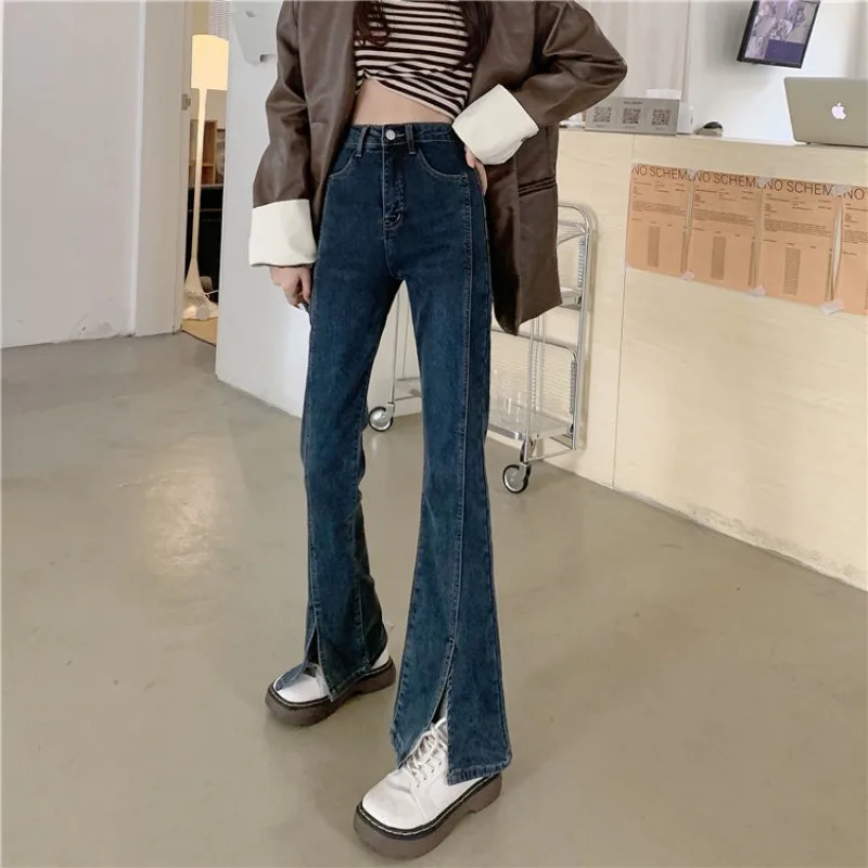 Flare Jeans Women Slit Solid Design Unique High Waist Sagging Sensation Ins Trendy All-match Korean Style Spring Sweet Hot Girls