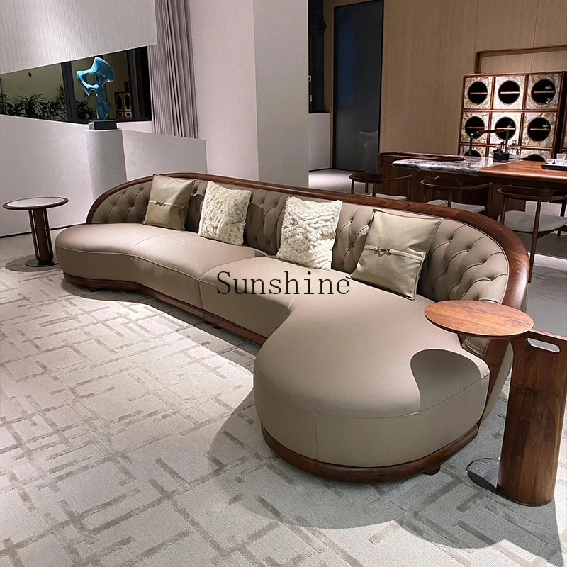 New Chinese light luxury solid wood living room villa straight row high-end leather sofa simple and modern