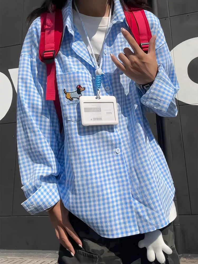 

Blue Plaid Bubble irt Long Sve Men's Spring Autumn American Couple Sle Trendy Brand Sausage Dog Embroidery irt Jaet