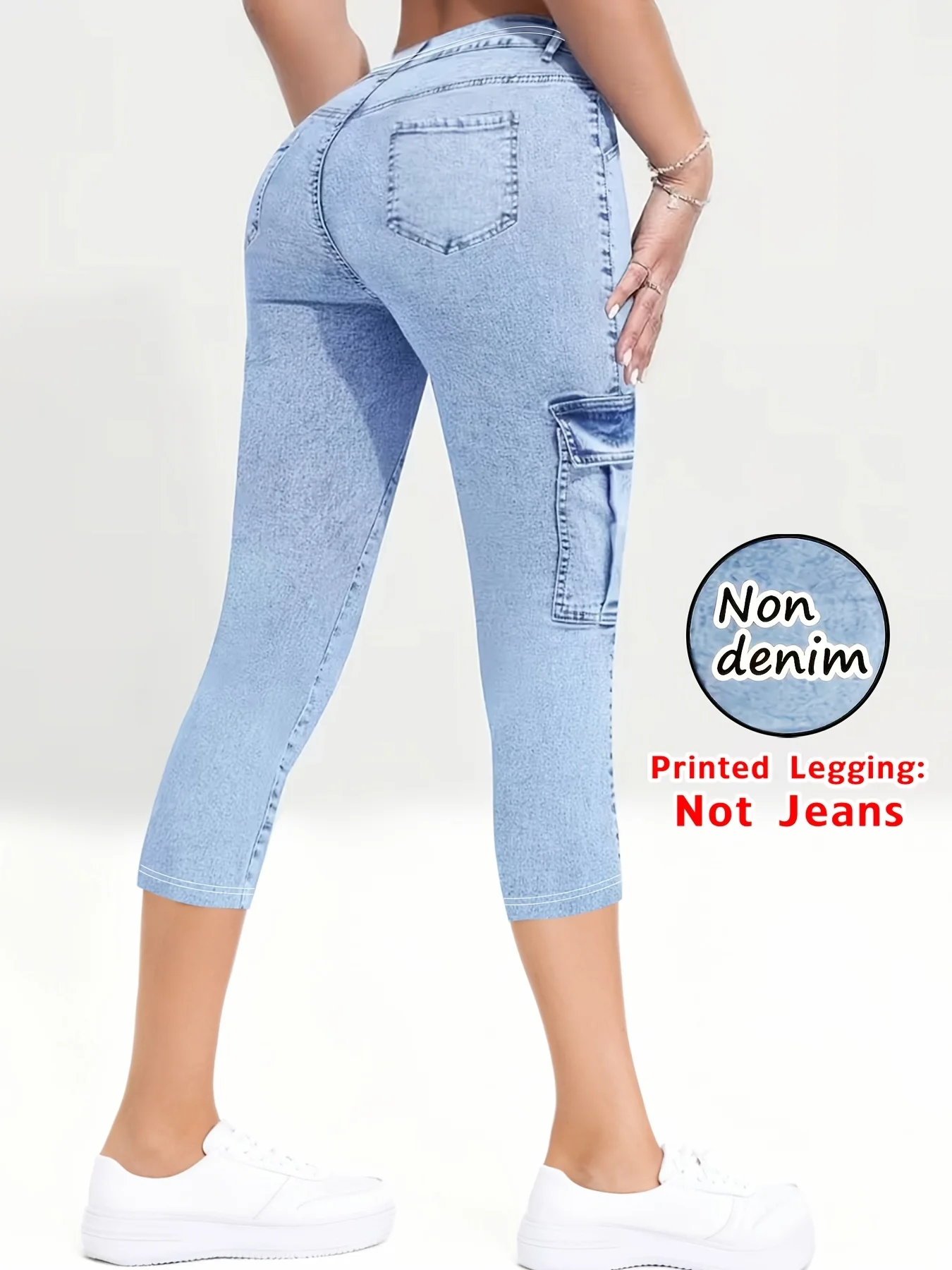 Damen Capri-Hose mit Fake-Denim-Print, hohe Taille, Skinny-Stretch, verkürzte Hose, lässige Slim-Fit-Hose in 7/8-Länge – Detail 3