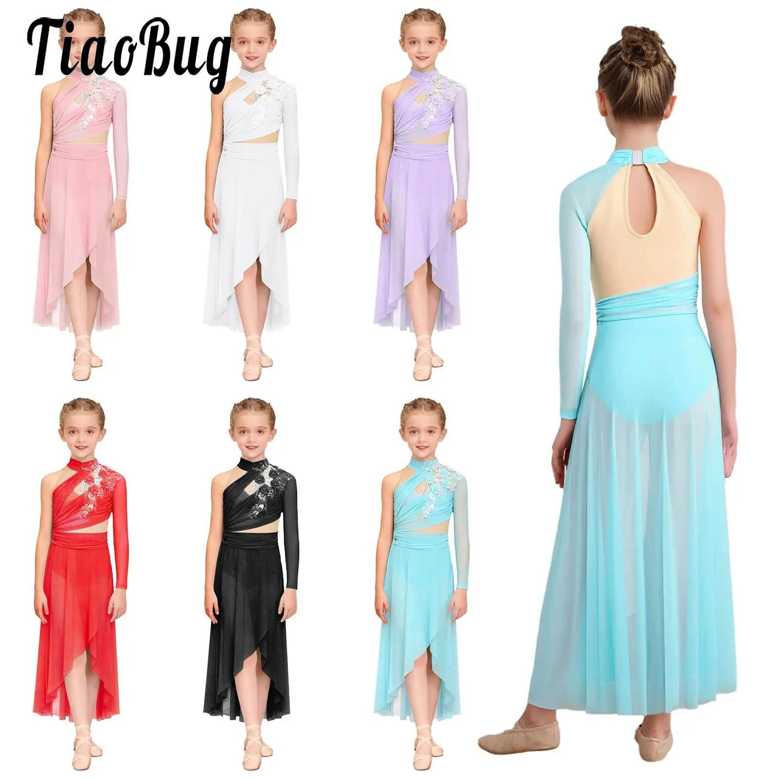 Kids Girls Lyrical Dance Dress Performance Costume Leotards Dress for Ballet Modern Dancewear Side Split Sheer Mesh Long Dress