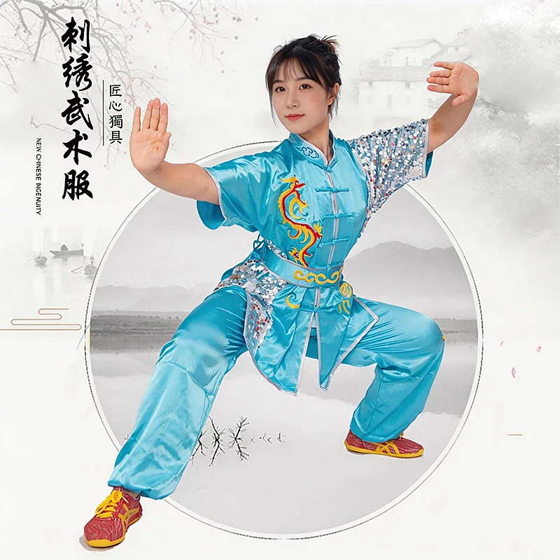 New Unisex Children's Competition Performance Martial Arts Tai Chi Suit with Sequins Color Blocking Polyester Multiple Colors