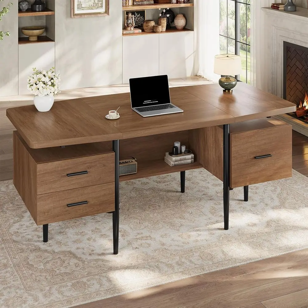 70.9ern Executive Desk, Wooden Computer Desk with 2 Ders and ile Der, Privacy Panel & Open StoraShel, LarHome Oice Writing Desk,