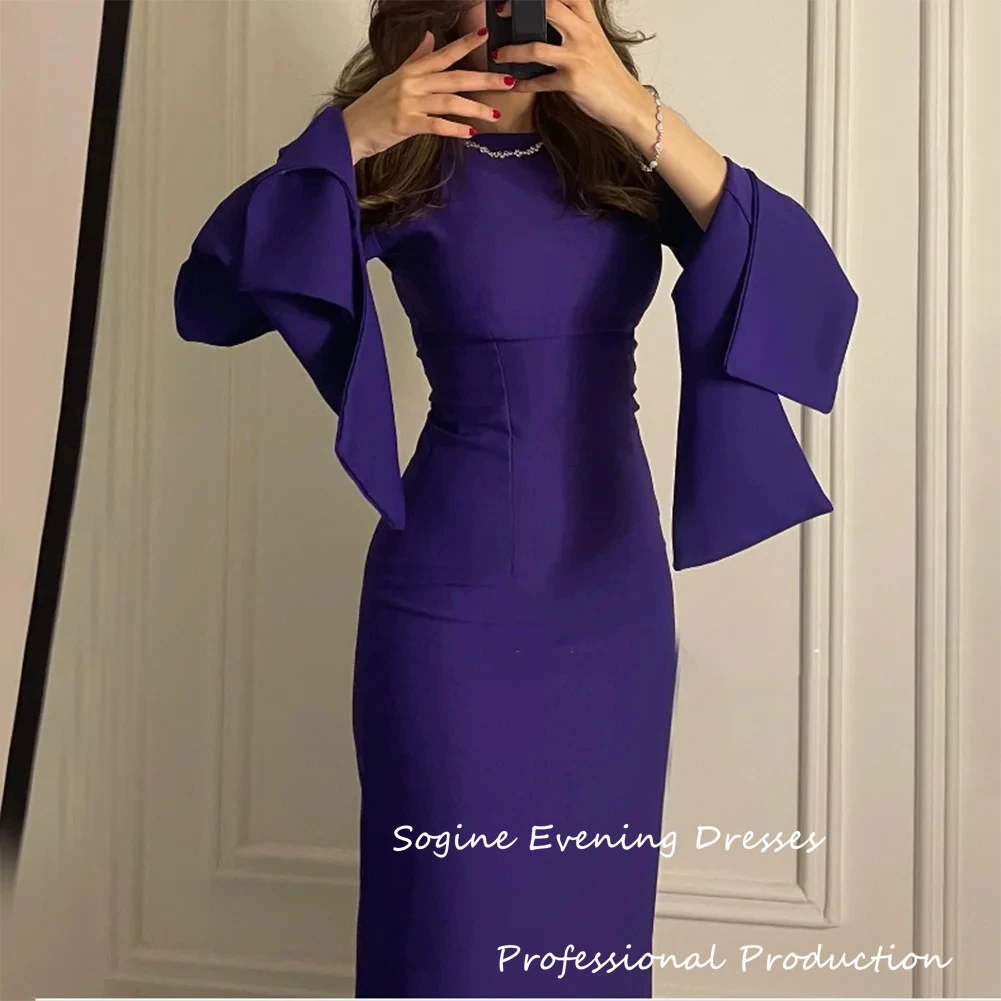 فستان سهرة كريب أرجواني مخصص أنيق للحفلات الراقصة بأكمام طويلة منتفخة للنساء برقبة دائرية فيستدوس دي فييستا 2025 جديد