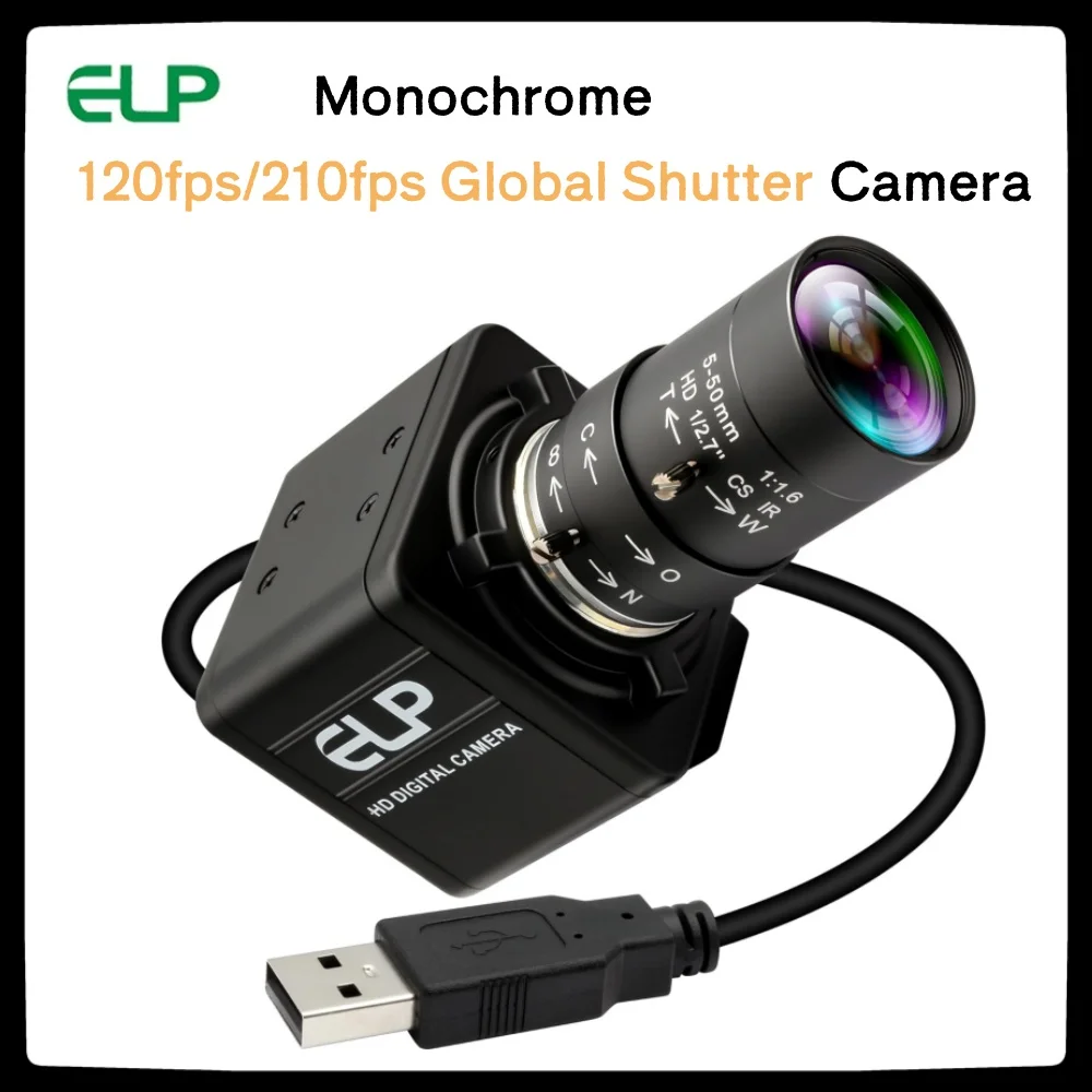 ELP 120fps 210fps Global Shutter USB Webcam 800P 720P OV9281 Monochrome Industrial Camera with Varifocal Lens for Motion Capture