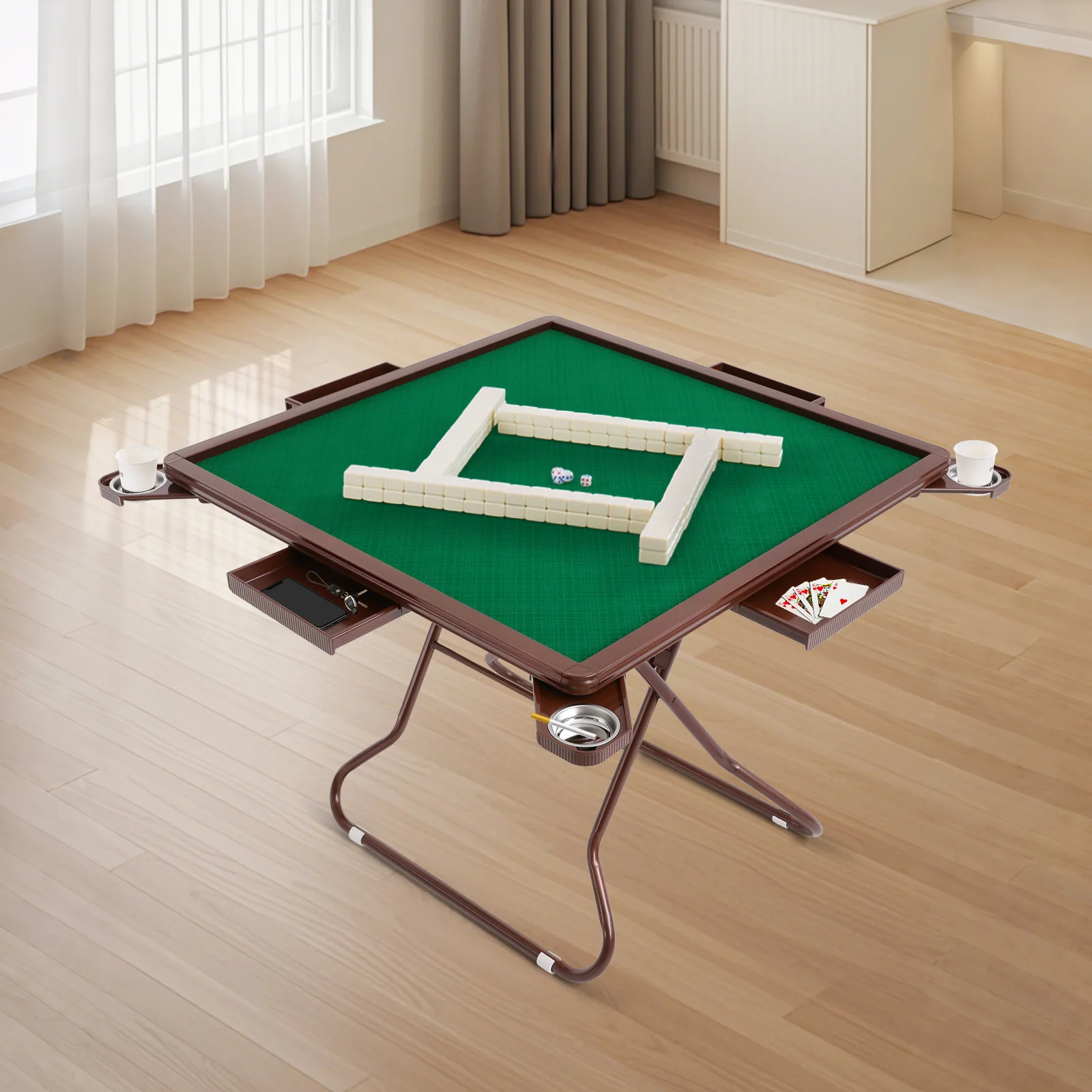

Foldable Mahjong Table with 4 Cup Holders & 4 Drawers for Travel Gathering Parties Portable Manual Mahjong Table Outdoor/Indoor