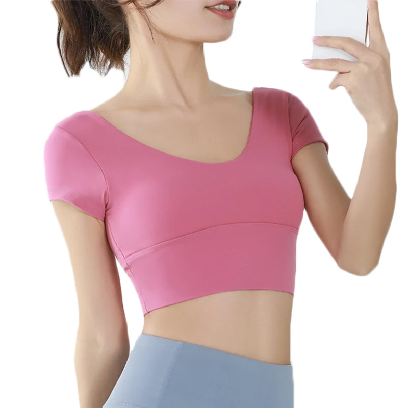 PofyBofy Sports Short Sleeve Crop Bra with Build-in Cup Yoga Crop Top Scoop Neck Gym Crops Low Back Running Bras Fitness Crop