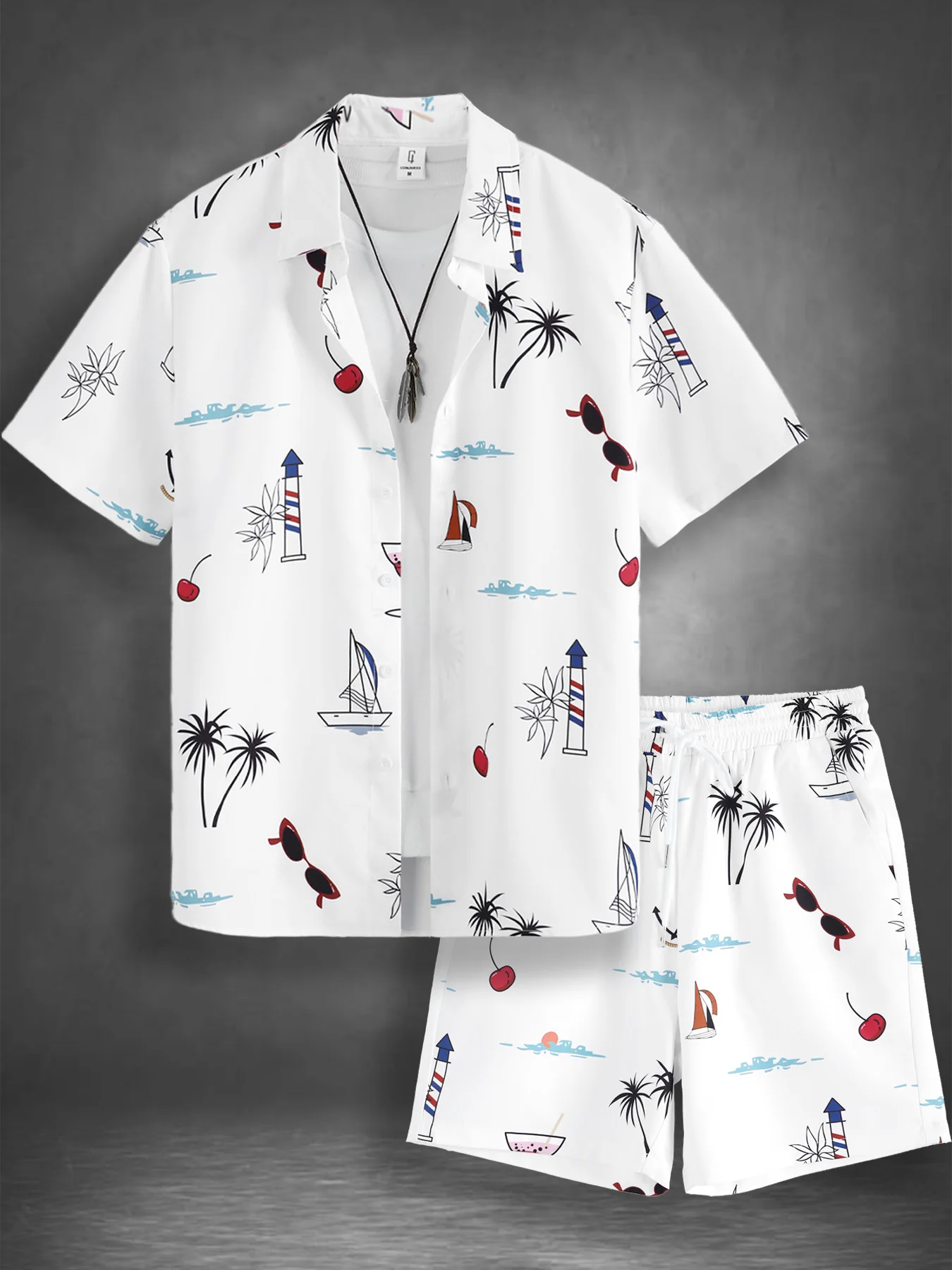 

Men's Beach Element Vacation Set 2 Piece Cuban Collar Shirt & Drawstring Shorts Outfit