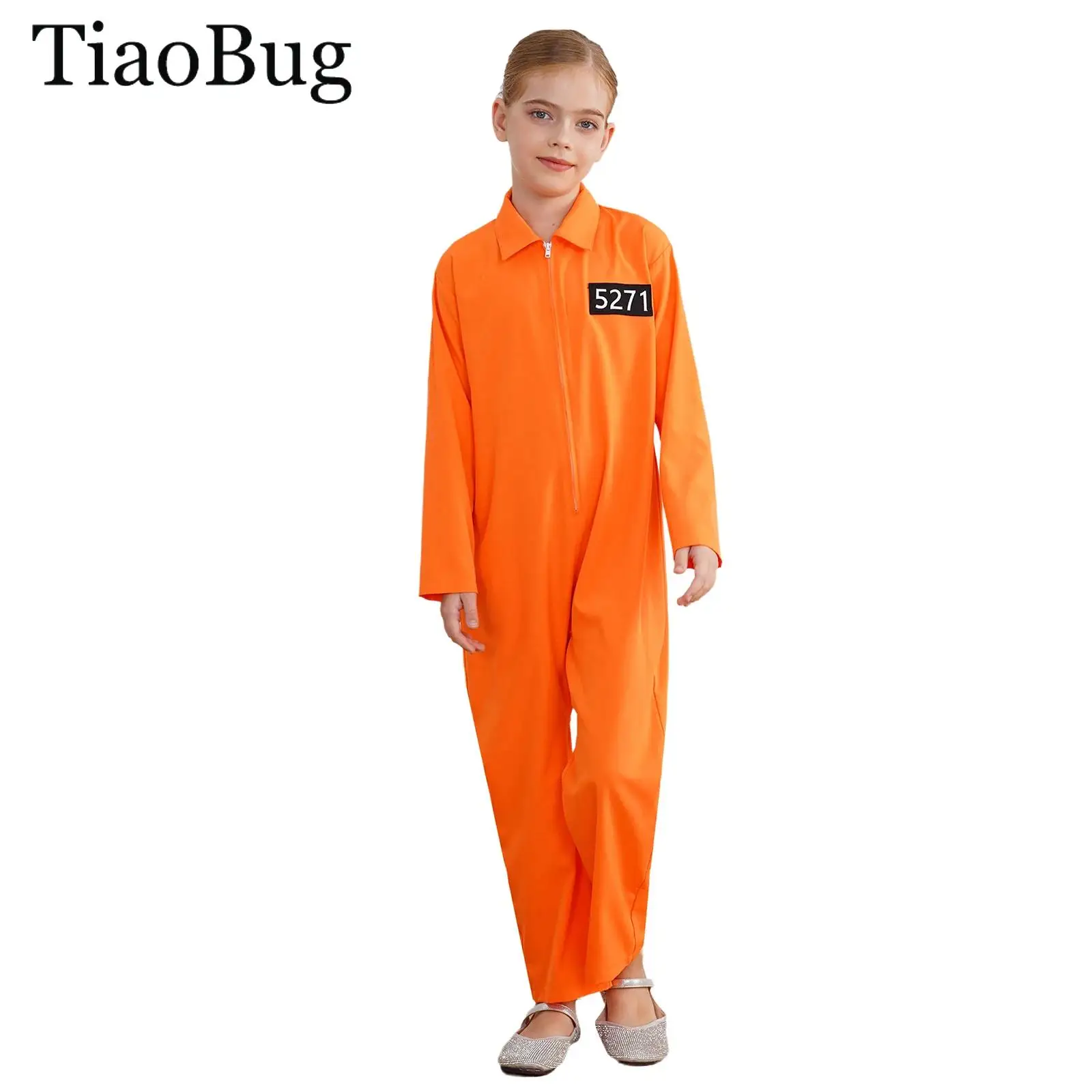

Prisoner Cosplay Costume Orange Prisoner Jumpsuit Jailbird Outfits Long Sleeve Inmate Prison Uniform Girls Halloween Dress Up