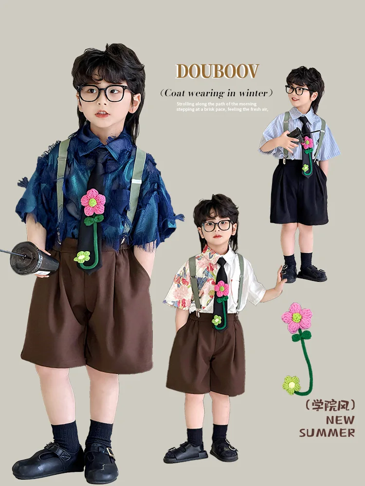 

3 PCS set Summer Boy Clothing Set Floral Shirt+overalls + Tie Kid Children baby toddler boy korea Handsome Suits clothes 2-9 yea