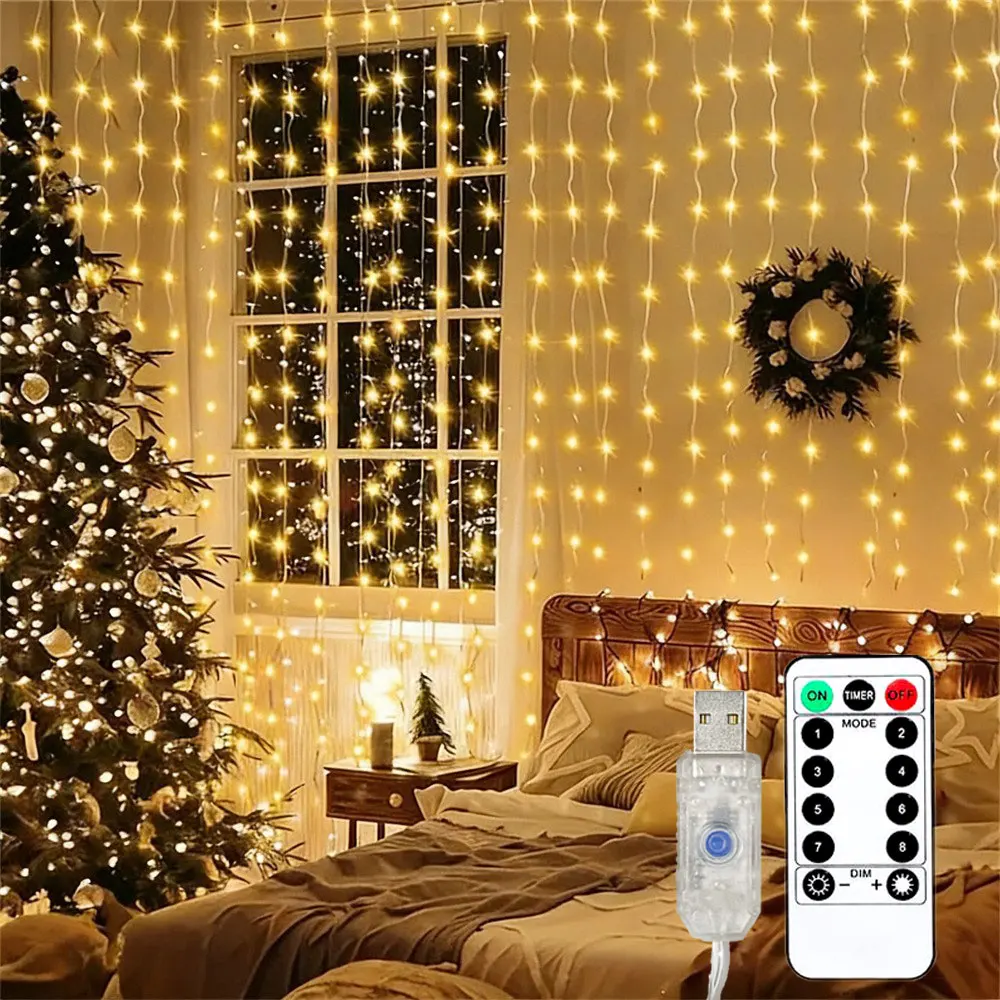 Curtain Garland Remote Control Led String Lights Festival Christmas Decoration 8 Mode Usb Holiday Light for Bedroom Home Outdoor
