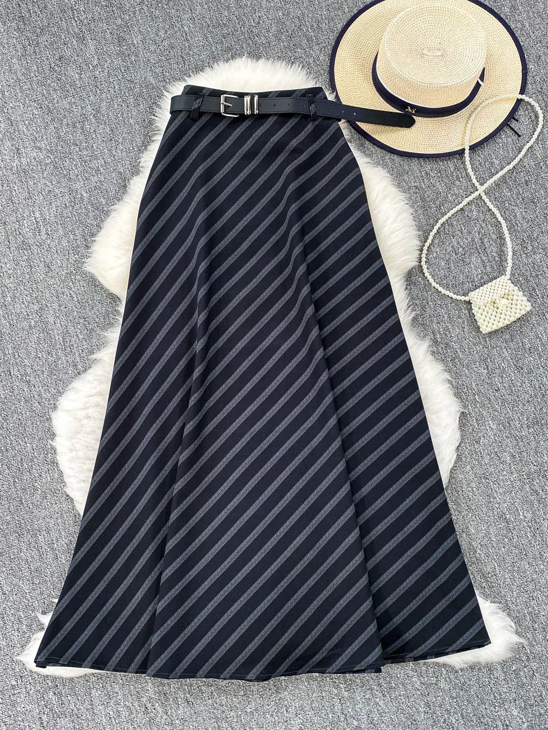 Falda Midi Nea a Rayas para Mujer, Verano 2025, Nueva, Cintura Alta, Corte en A, con Cinturón, Estilo Coreano, para el Trab...