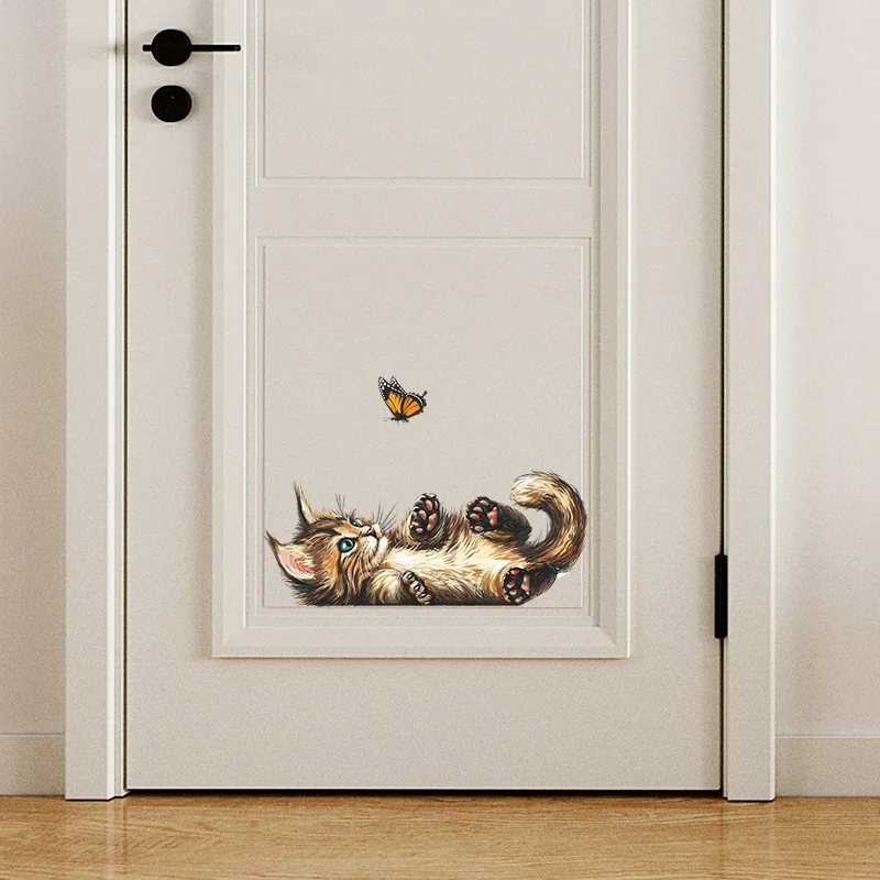 Cute Kitten Butterfly Playing Wall Sticker Kids Room Bedroom Mural Bathroom Wallpaper Home Decor Cartoon Cat Stickers