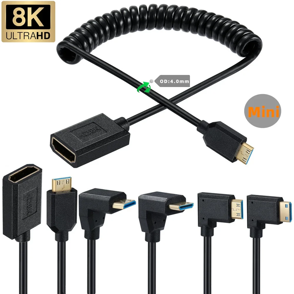 2.1V Super Slim High Speed Mini HDMI To HDMI Female Coiled Cable Adapter 8K 60Hz 4K 120Hz Compatible for DSLR Camera Graphics