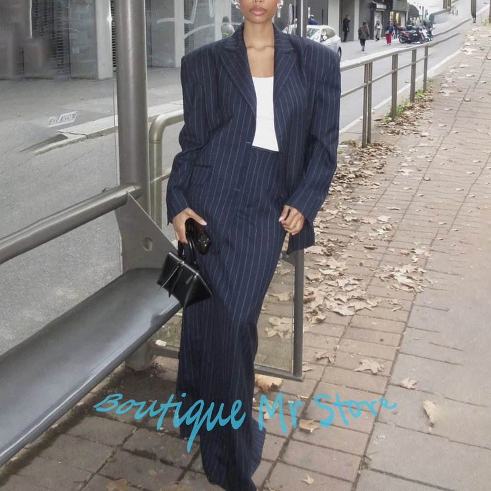 

Professional Women's Navy Pinstripe Clothes Single Breasted Suit Set 2Piece(Jacket+Skirt) Street Style Formal Office Lady Wear