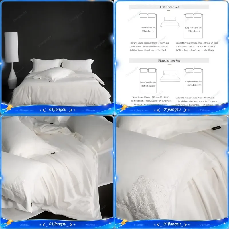 Luxury 1000TC Egyptian Cotton Bedding Set Elegant Lace Embroidery Solid Color Duvet Cover Fitted Sheet Pillowcase 4 Piece