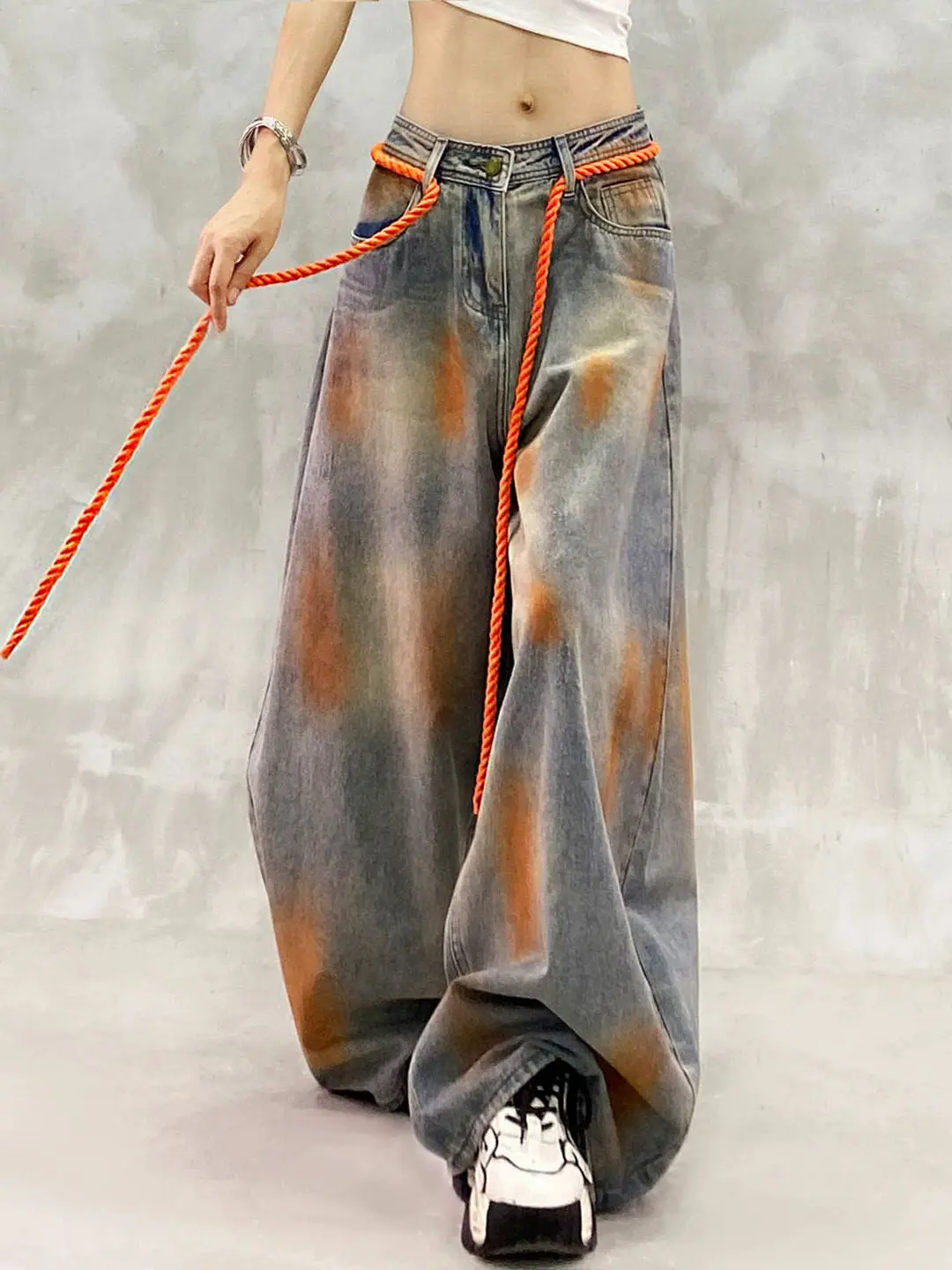 Personalized Spray Painting Spring Summer Wide Leg Women Denim Pants All-match Drawstring High Waist Floor-length Bootcut Jeans