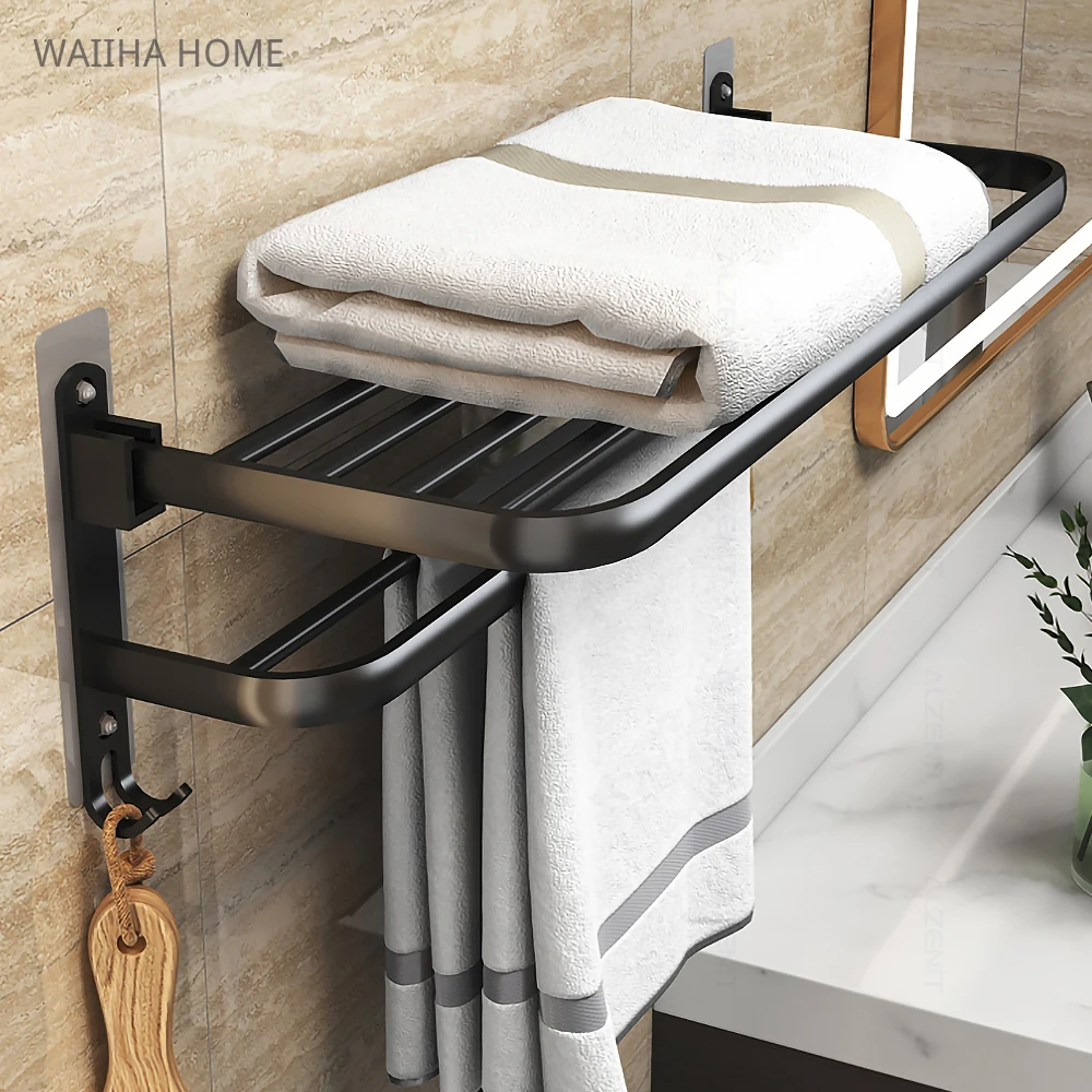 

Matte Black Towel Rack Movable Holder With Hook Bathroom Wall Shelf Aluminum Shower Hanger Rail No Drilling Bathroom Accessories