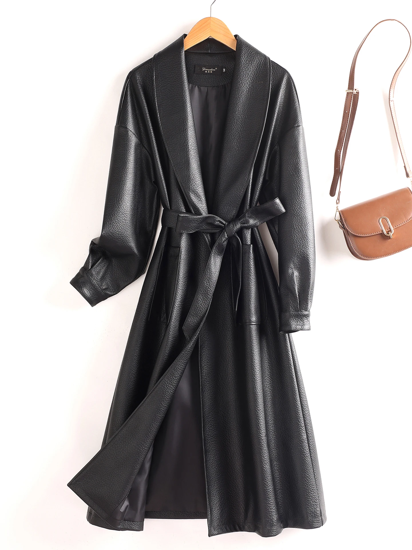 

Ele Mid-Length Loose Women's eepskin Coat Belted Waist Design Knee-Long Sle Commute Faion Busin Casual Outerwear