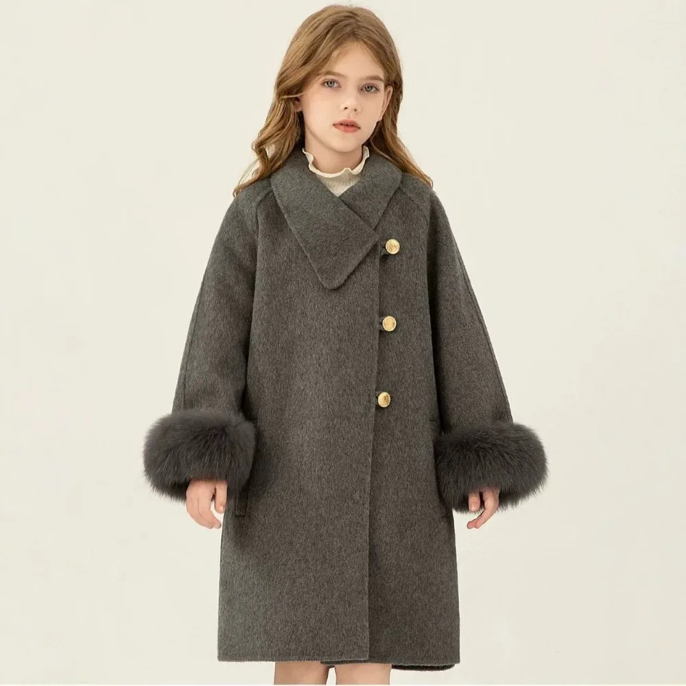 2026 Autumn Winter New Stylish Girls Woolen Coat Big Kids Thick Loose Mid-Length Wool Blend Overcoat 130-165cm