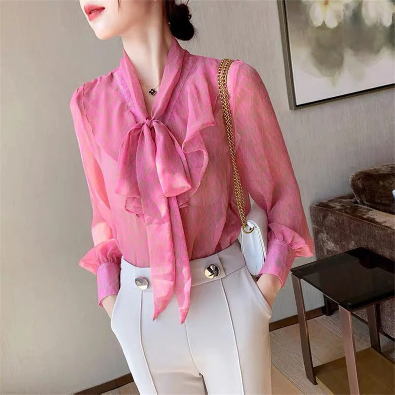 Women\'s Elegant Ruffle Bow Lace Up Sweet Chic Shirts 2023 Spring Autumn Korean Fashion Print Long Sleeve Slim Top Blouse Blusas