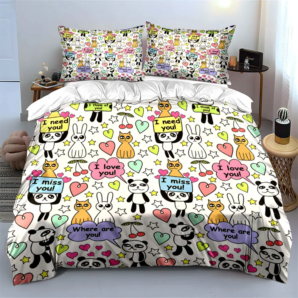 Multiple sizes Fun panda heart stars Print Bedding Set 1 Duvet Cover 2 Pillowcases for Adult and Children Luxury Gift Full Size