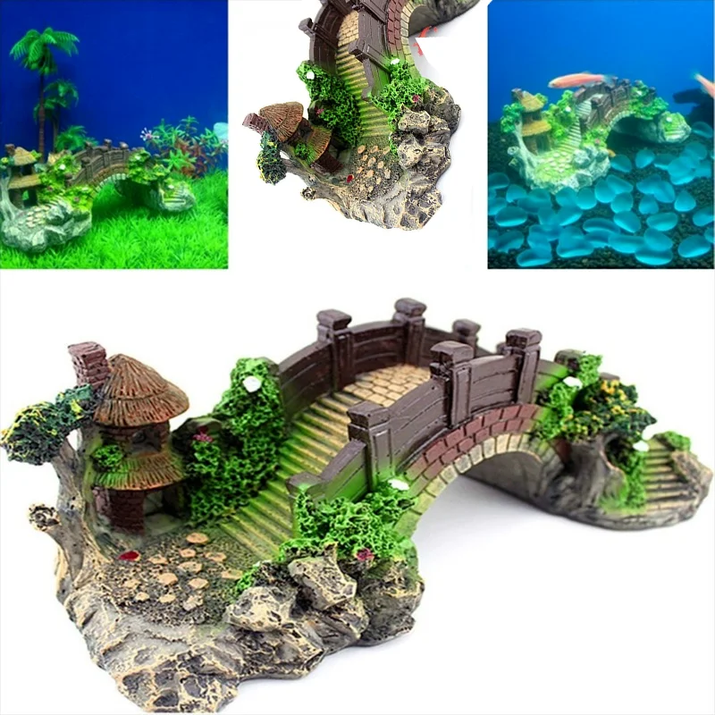 Aquarium Fish Tank Vintage Decorative Bridge Landscape Ornaments Pavilion Tree Plants Resin Design Pet Supplies Home Decorations