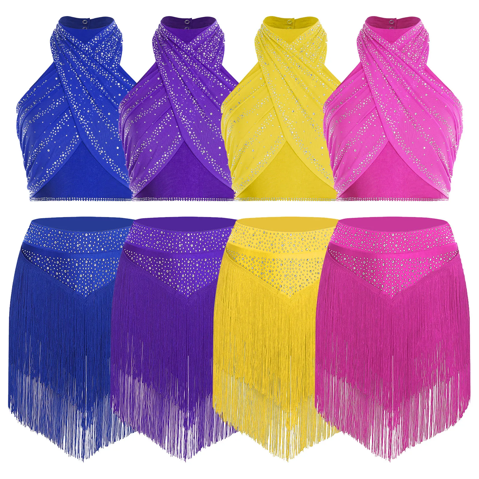 Adultes femmes élégant Chacha Salsa vêtements de danse latine licou sans manches froncé haut court et jupe pour danse de salon Jazz du ventre