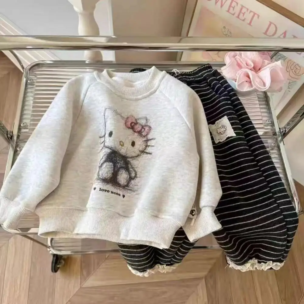 

Sanrio Hello Kitty Girls Autumn and Winter Fleece Sweatshirt Set 2026 Autumn Cartoon Print Top Striped Sweatpants Two-Piece Set