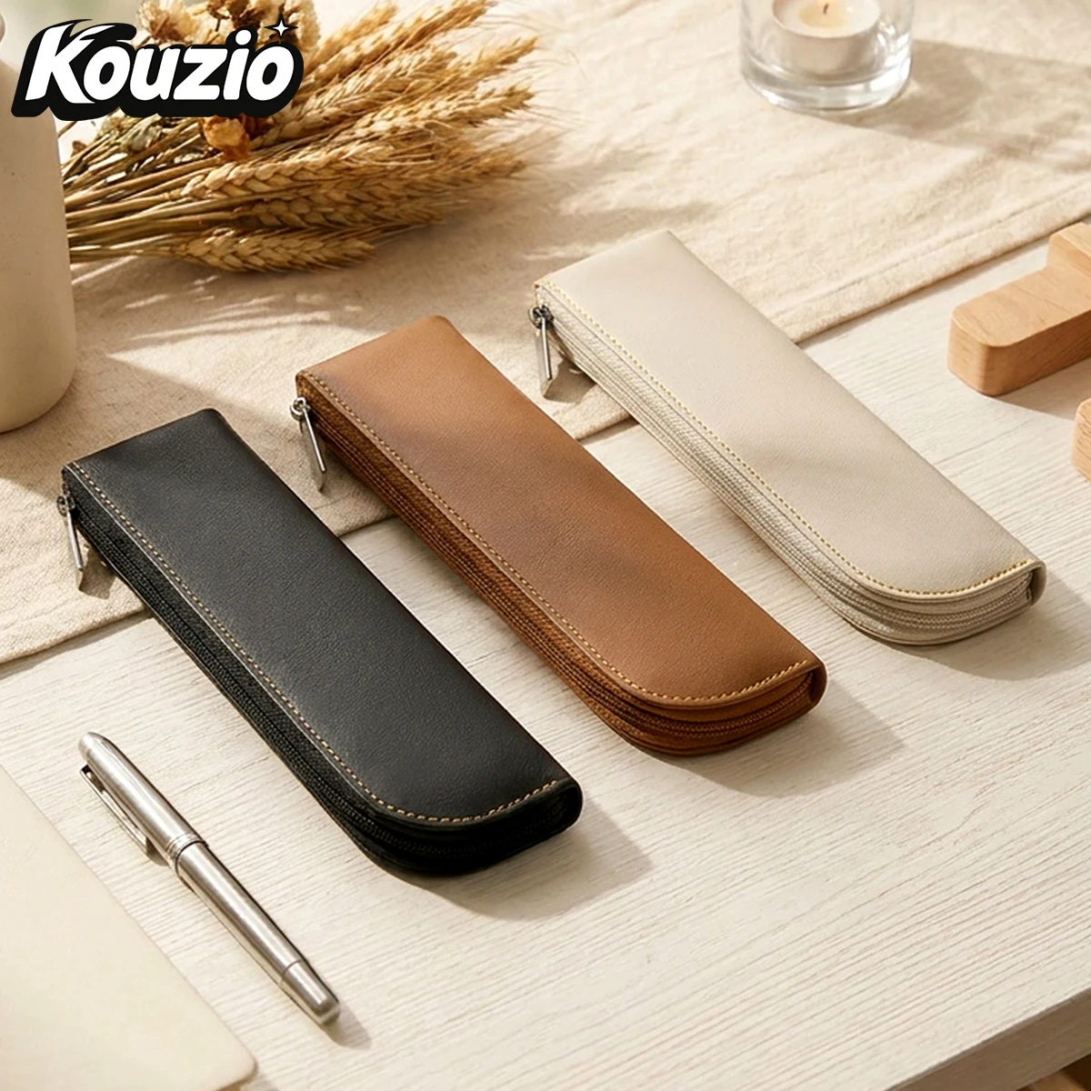 1pcMini PU Leather Pencil Case, Portable Pen Pouch, Compact Stationery Organizer, Zipper Storage Bag Back to School Student Gift