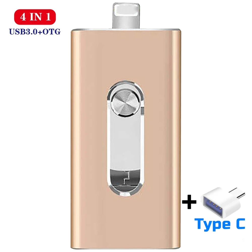 4 em 1 HD USB Stick 3.0 Flash Stick para iPhone/Android Tipo C Chave Usb OTG Pendrive 128 GB 64 GB 32 GB 16GB Mini Pen Drive【Gold】